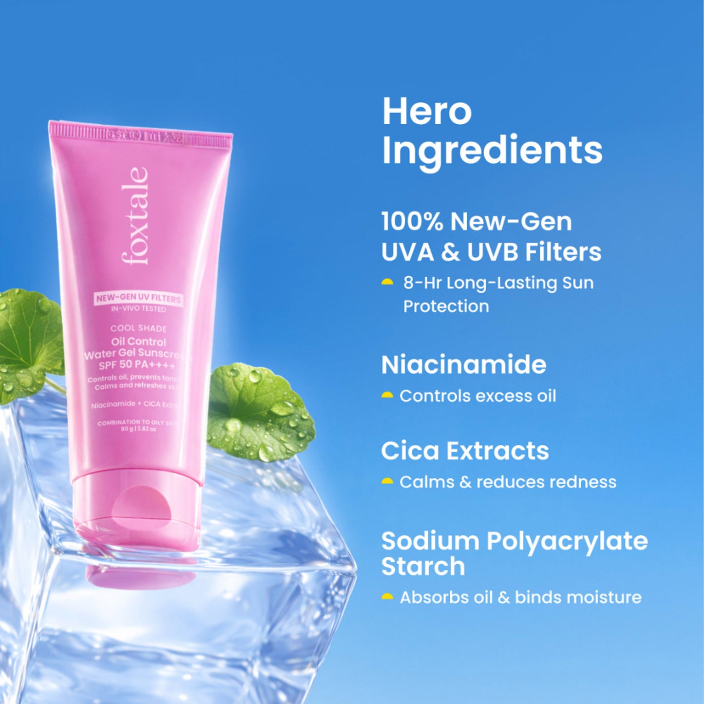 Foxtale SPF 50 Ice-Burst Gel Sunscreen for Oily Skin, In-Vivo Tested PA++++, Lightweight, Matte Skin