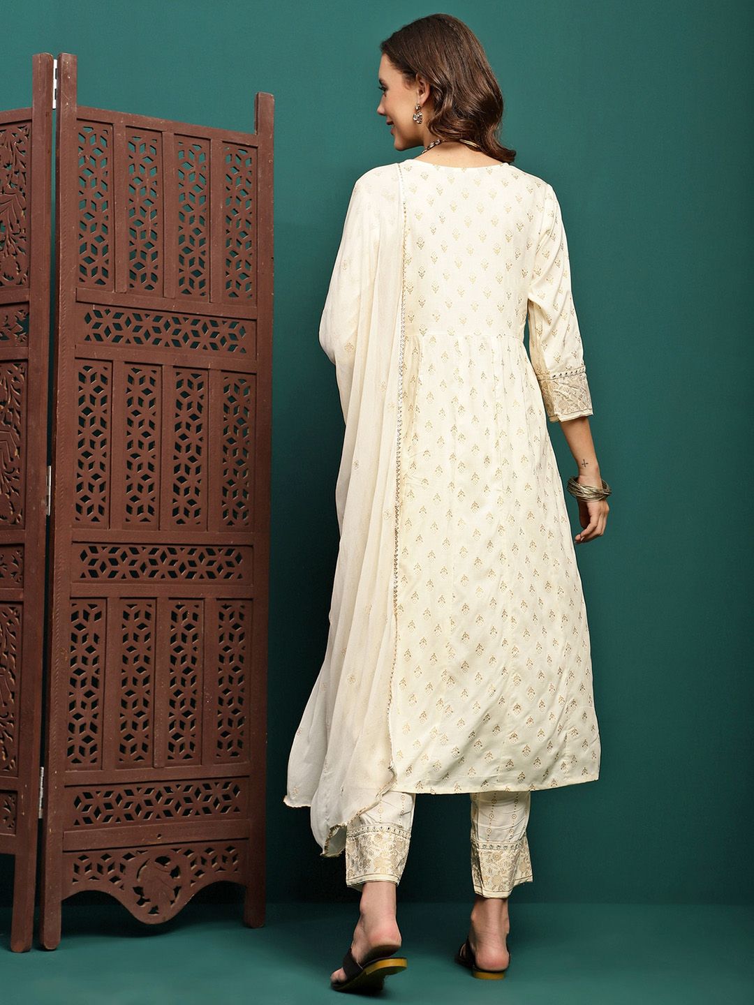 Indyancart SN Women's Printed & Embroidered Anarkali Kurta With Trouser & Dupatta Set