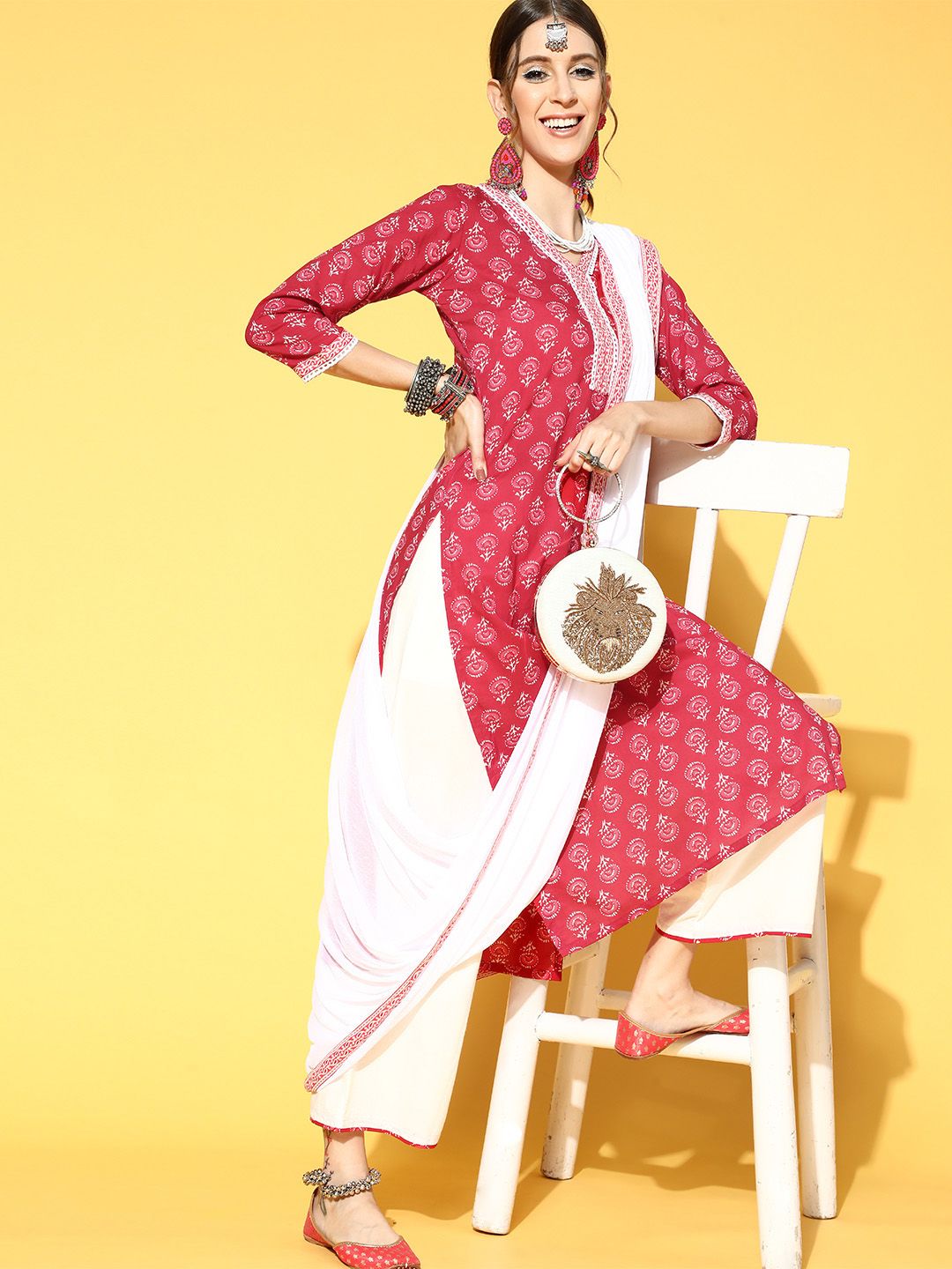 Women Red Floral Printed Regular Kurta with Palazzos & With Dupatta