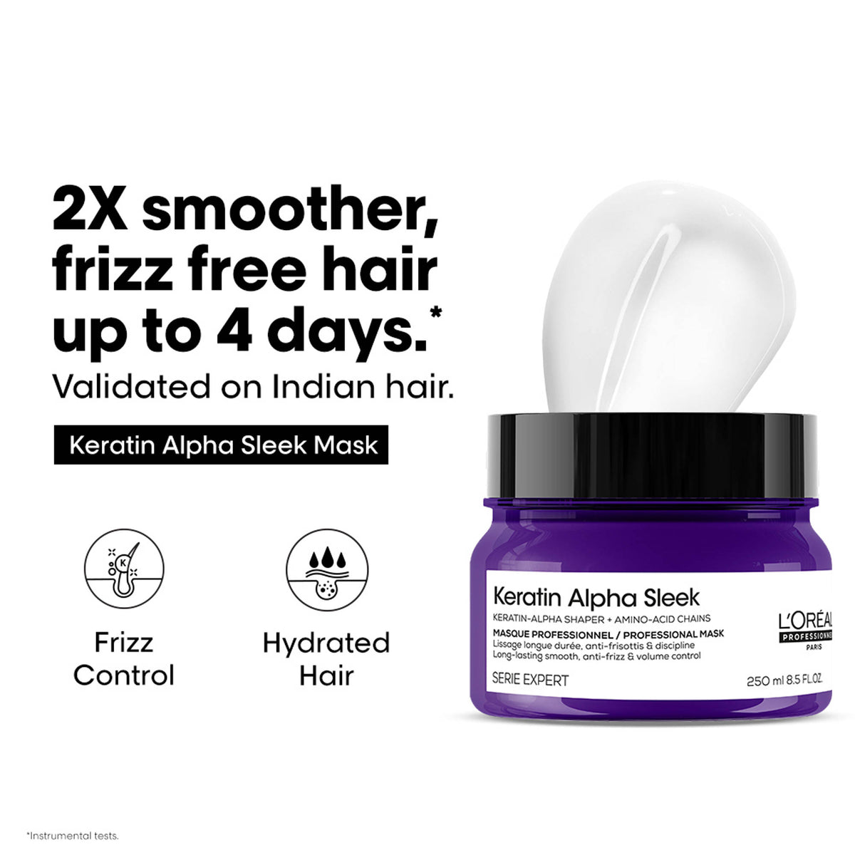 L'Oreal Professionnel Keratin Alpha Sleek Hair Mask, 84% Less frizz, 5X Instant smoothness