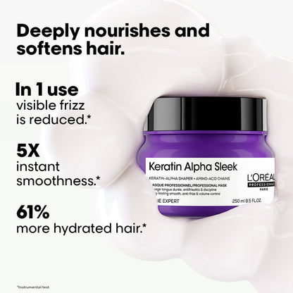 L'Oreal Professionnel Keratin Alpha Sleek Hair Mask, 84% Less frizz, 5X Instant smoothness