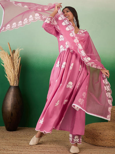 Indyancart SN Women's Floral Embroidered V-Neck A-Line Kurta With Trousers & Dupatta