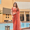 Dhiyona TI Women's Rust Colored Net Embroidered Saree with Faux Diamonds with Unstitched Blouse