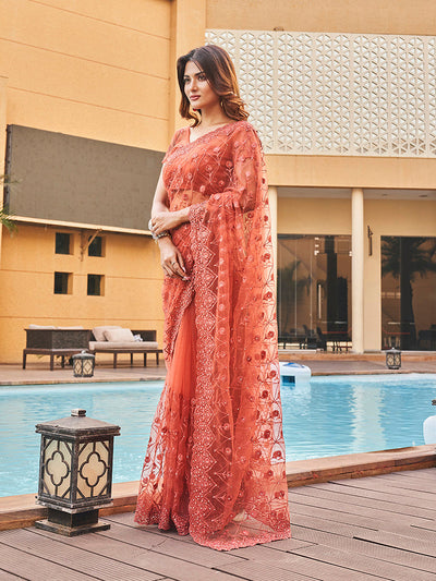 Indyancart TI Women's Rust Colored Net Embroidered Saree with Faux Diamonds with Unstitched Blouse
