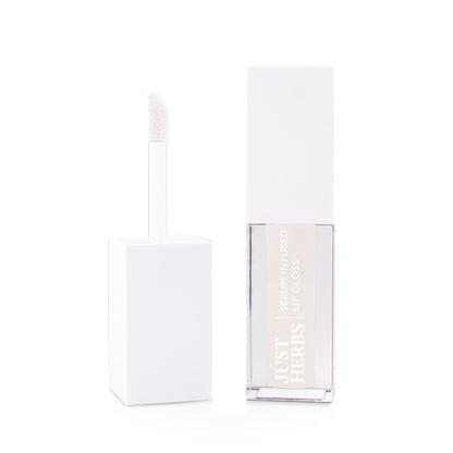 Just Herbs Cherry Blossom Lip Gloss with serum infusion, glossy finish, hydrating feel, shiny crystal appearance, natural lip care product