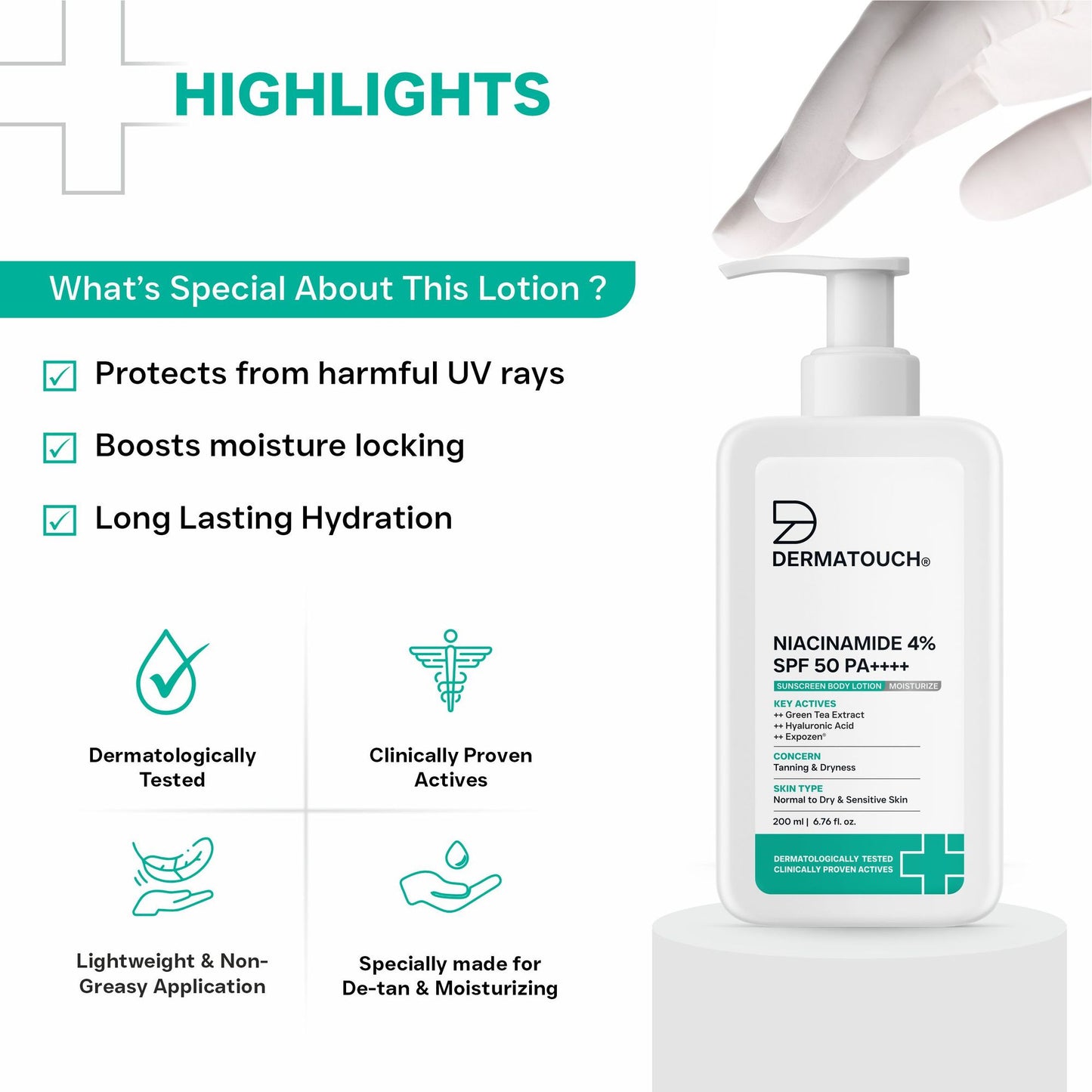 Dermatouch Niacinamide 4% SPF 50 PA++++ Sunscreen Body Lotion for Tanning & Dryness