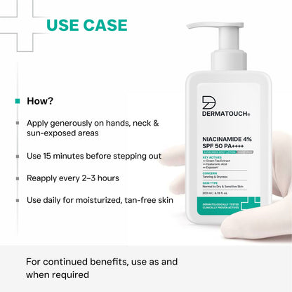 Dermatouch Niacinamide 4% SPF 50 PA++++ Sunscreen Body Lotion for Tanning & Dryness