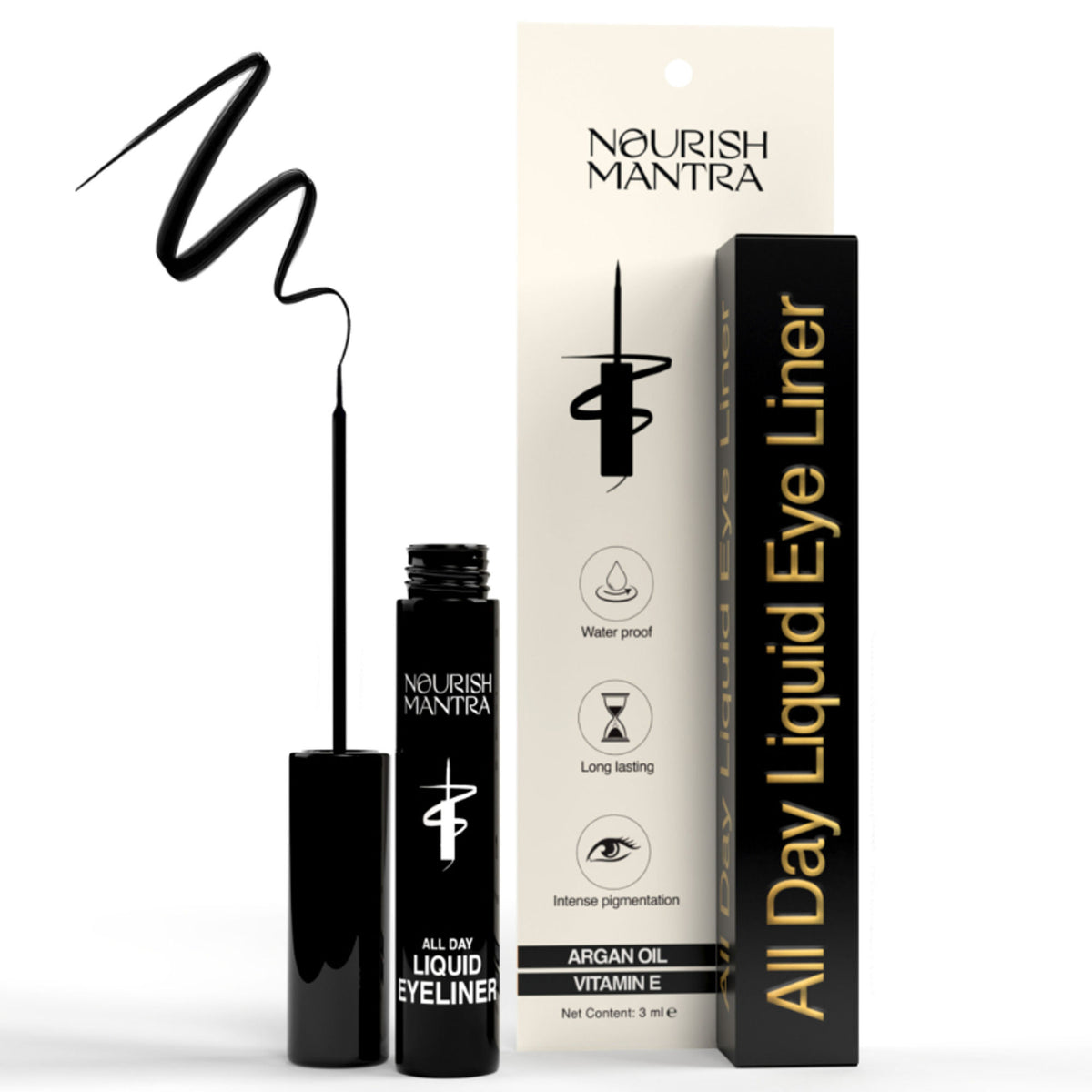 Nourish Mantra All-Day Liquid Eyeliner with intense pigment and smudge-proof formula, black liquid eyeliner on a white background.