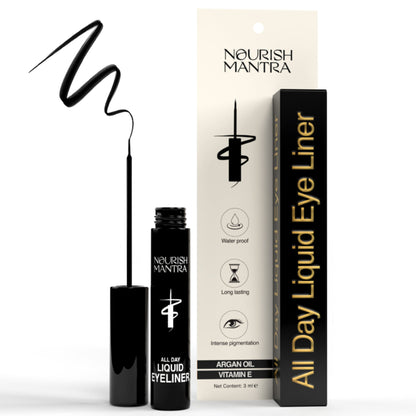 Nourish Mantra All-Day Liquid Eyeliner with intense pigment and smudge-proof formula, black liquid eyeliner on a white background.
