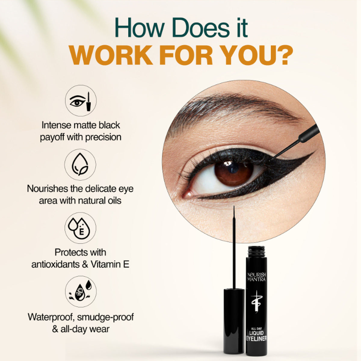 Nourish Mantra All-Day Liquid Eyeliner with smudge-proof, intense pigment in a sleek black eyeliner pen.