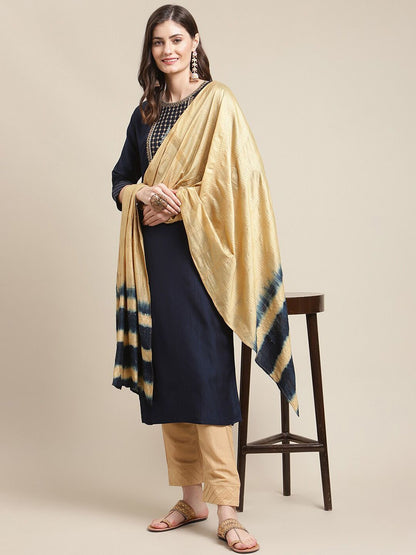 Indyancart VA Women's Navy Blue Floral Embroidered Kurti Set With Dupatta