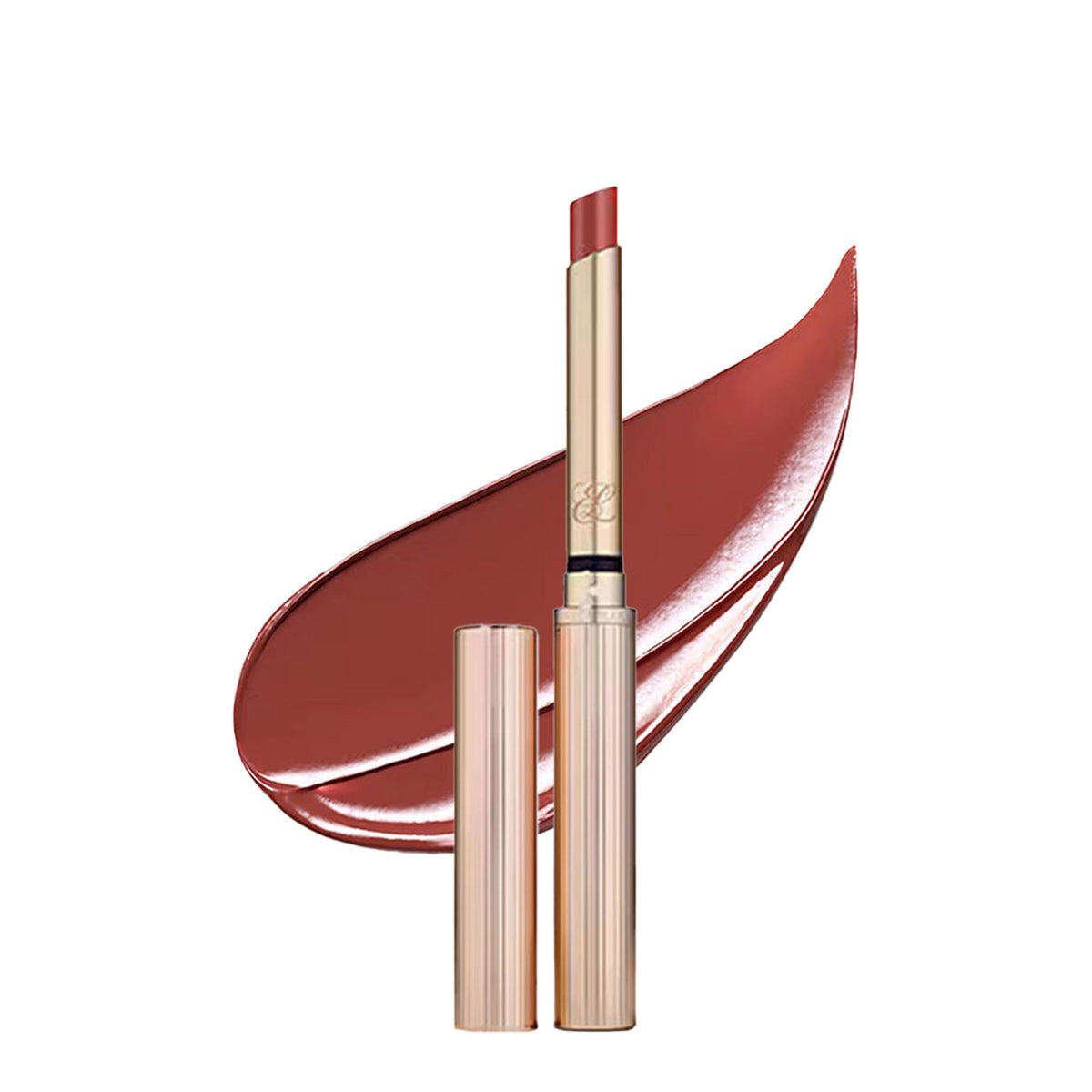 Estee Lauder Pure Color Explicit Slick Shine Lipstick in Playtime, showing a sleek, shiny lipstick tube with the product label.