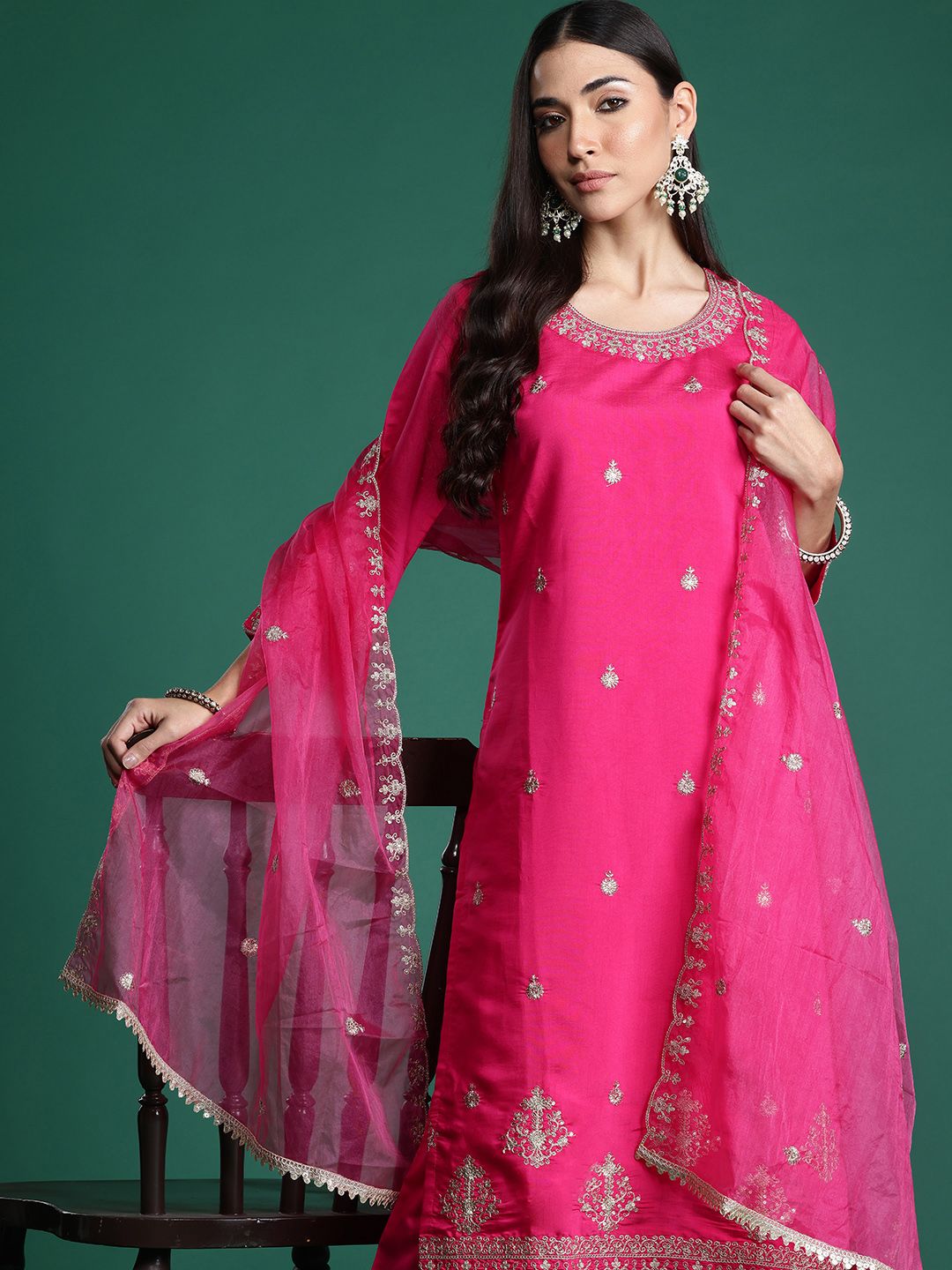 Indyancart IE Floral Embroidered Kurta with Trousers & With Dupatta