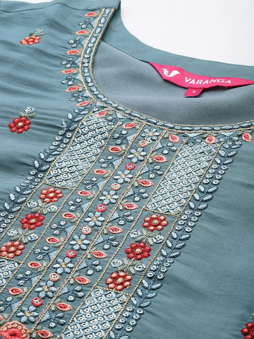 Indyancart VA Women's Floral Embroidered Regular Sequined Kurta with Trousers & Dupatta