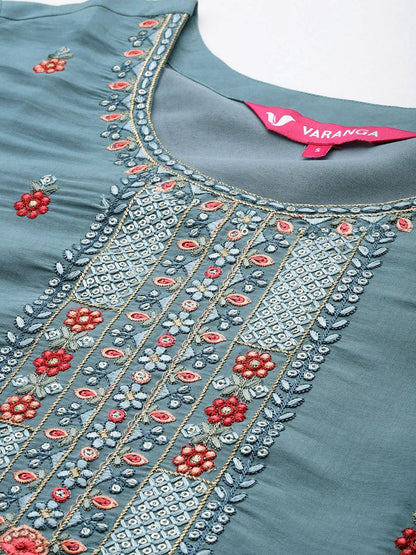 Indyancart VA Women's Floral Embroidered Regular Sequined Kurta with Trousers & Dupatta