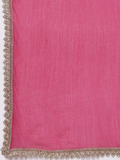 Indyancart VA Women's Fuchsia Bandhani Printed Regular Gotta Patti Kurta with Trousers & With Dupatta