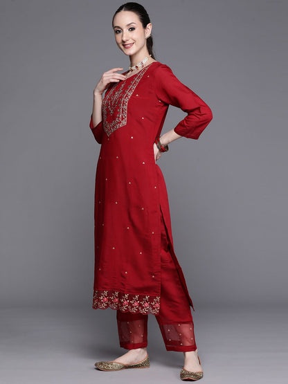 Indyancart IE Floral Embroidered Regular Kurta With Trousers & Dupatta