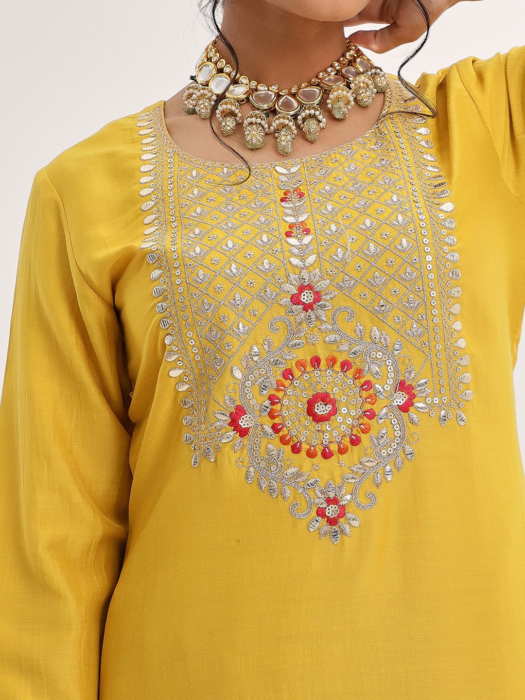 Indyancart VA Women'sYellow Yoke Design Ethnic Motifs Straight Kurta & Trousers With Dupatta