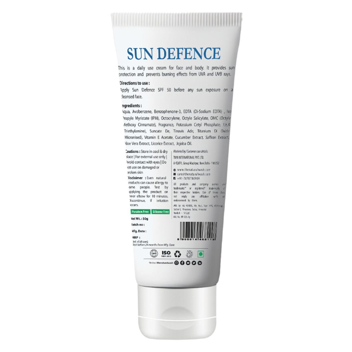 TNW The Natural Wash Sun Defence Sunscreen SPF 50 UVA UVB PA+++ Sunblock Suncream