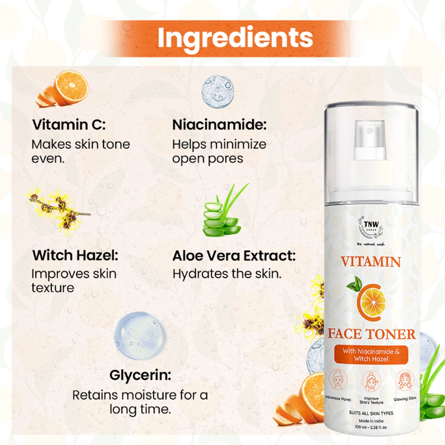 TNW The Natural Wash Vitamin C Face Toner for Improve Skin Texture with Niacinamide & Witch Hazel