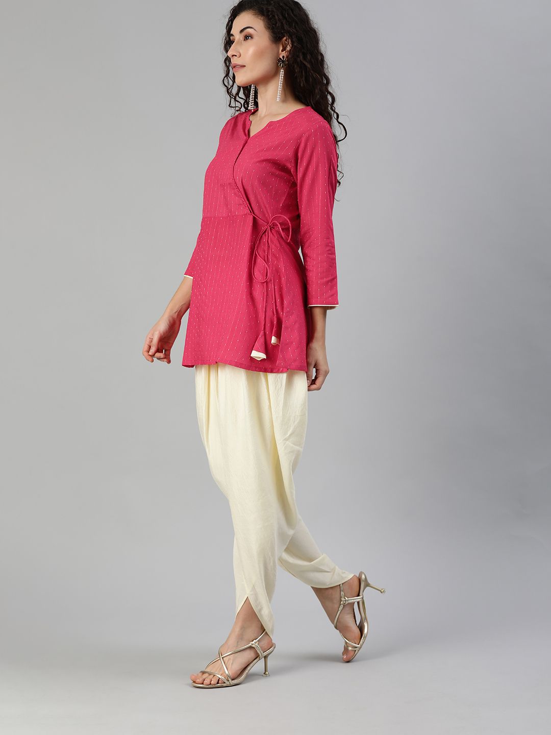 Indyancart IE Women Pink Woven Design Top with Dhoti Pants