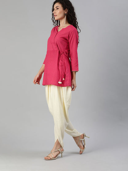 Indyancart IE Women Pink Woven Design Top with Dhoti Pants