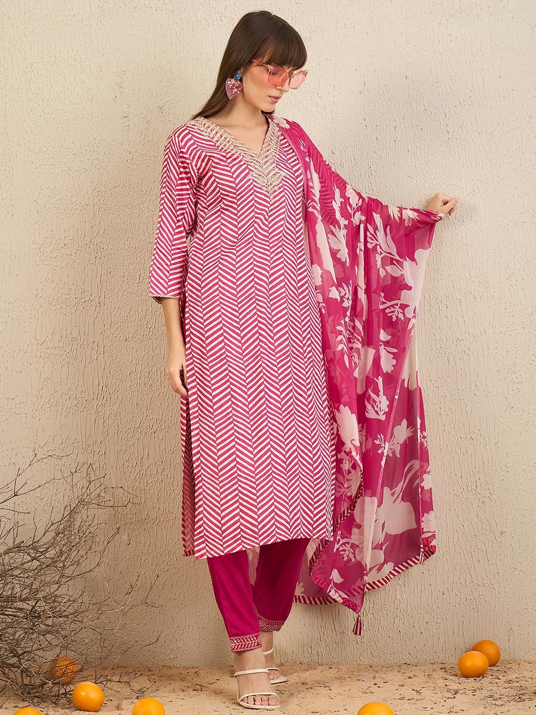 Chevron Printed Pure Cotton Straight Kurta With Trousers & Dupatta