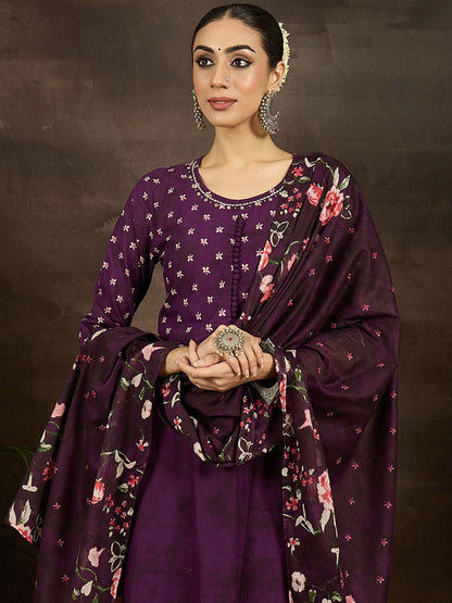 Floral Printed Pure Cotton Anarkali Kurta With Trousers & Dupatta