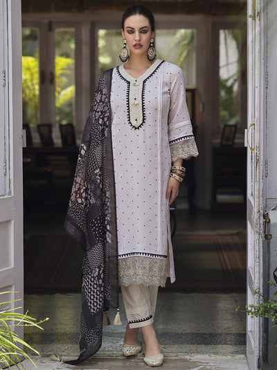 Indyancart IE Cream-Coloured & Black Floral Embroidered Thread Work Linen Kurta Set