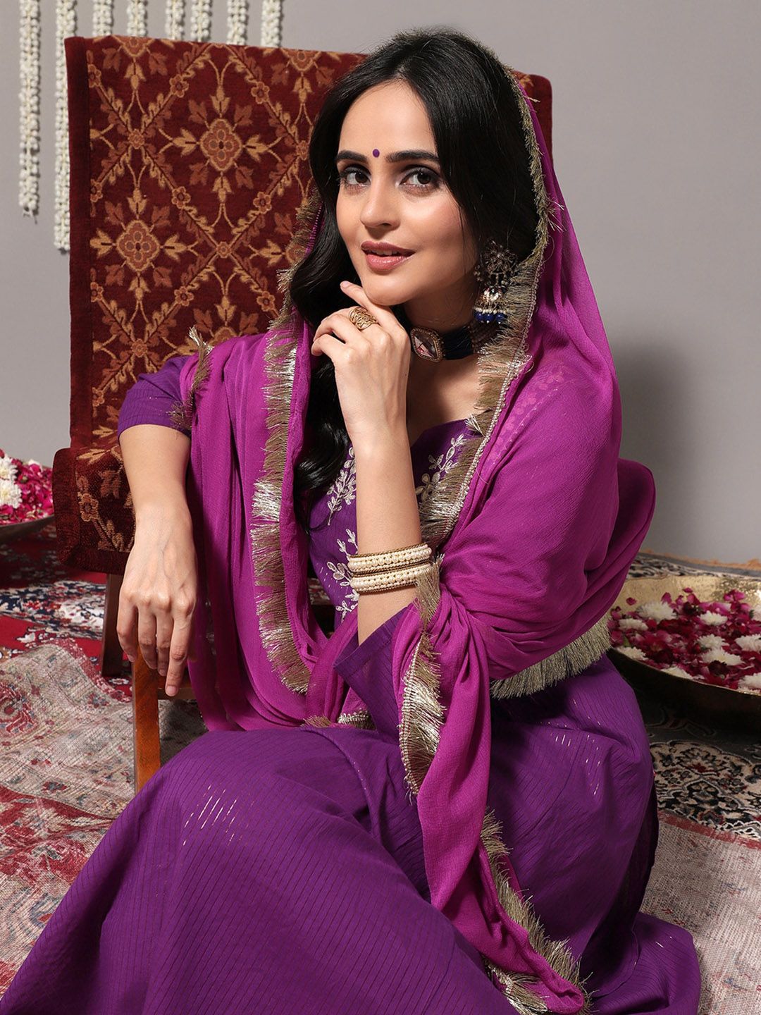 Indyancart VA Women'sFloral Yoke Design Gotta Patti Pure Cotton Kurta & Trousers With Dupatta