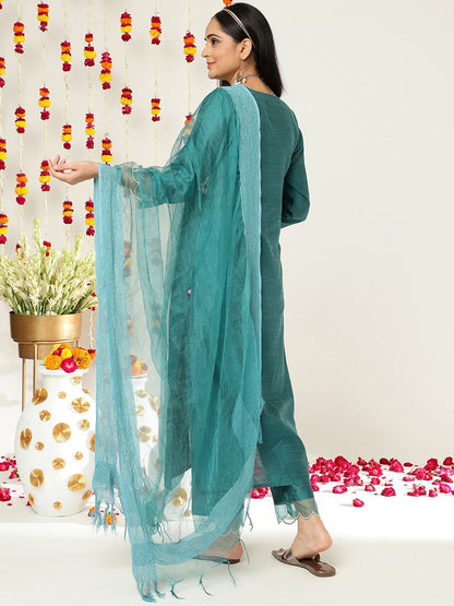 Indyancart VA Women'sEthnic Motifs Yoke Design A-Line Kurta With Trousers & Dupatta