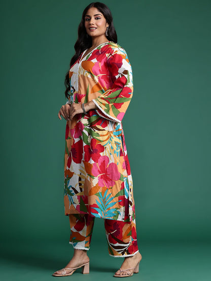 Indyancart IE Plus Size Floral Printed Pure Cotton Kurta with Trousers