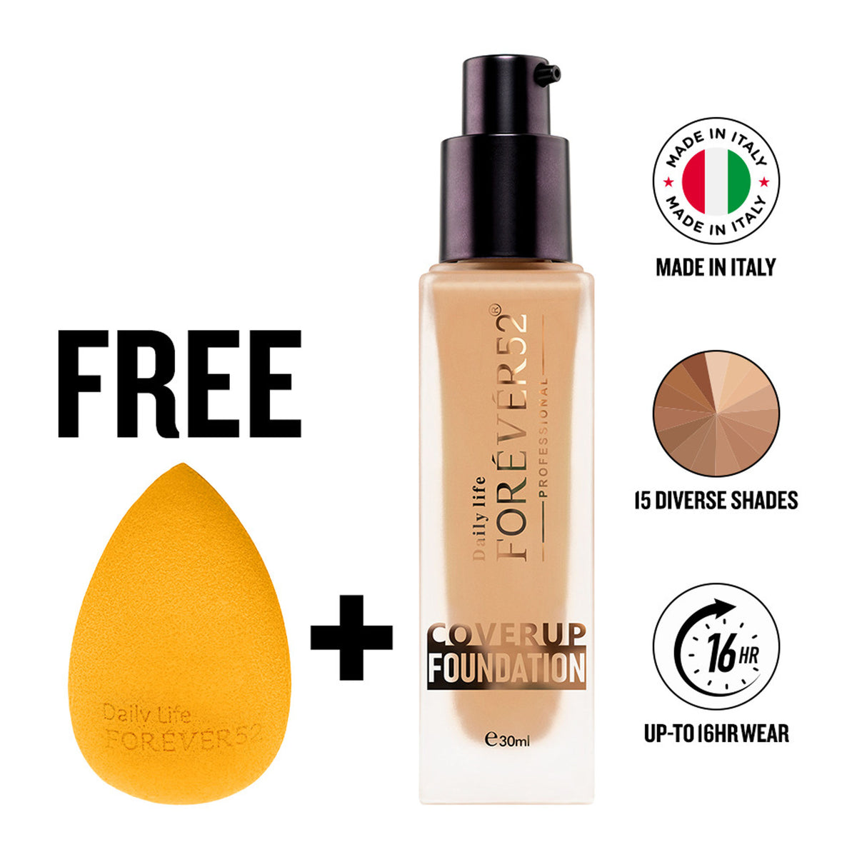 Daily Life Forever52 Coverup Foundation with free sponge in shade FCU30.2, featuring a smooth, creamy texture for even skin tone.