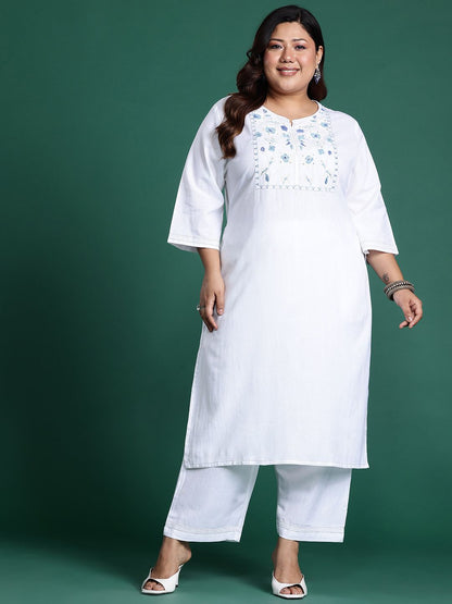Indyancart IE Plus Size Floral Embroidered Sequinned Pure Cotton Kurta with Trousers