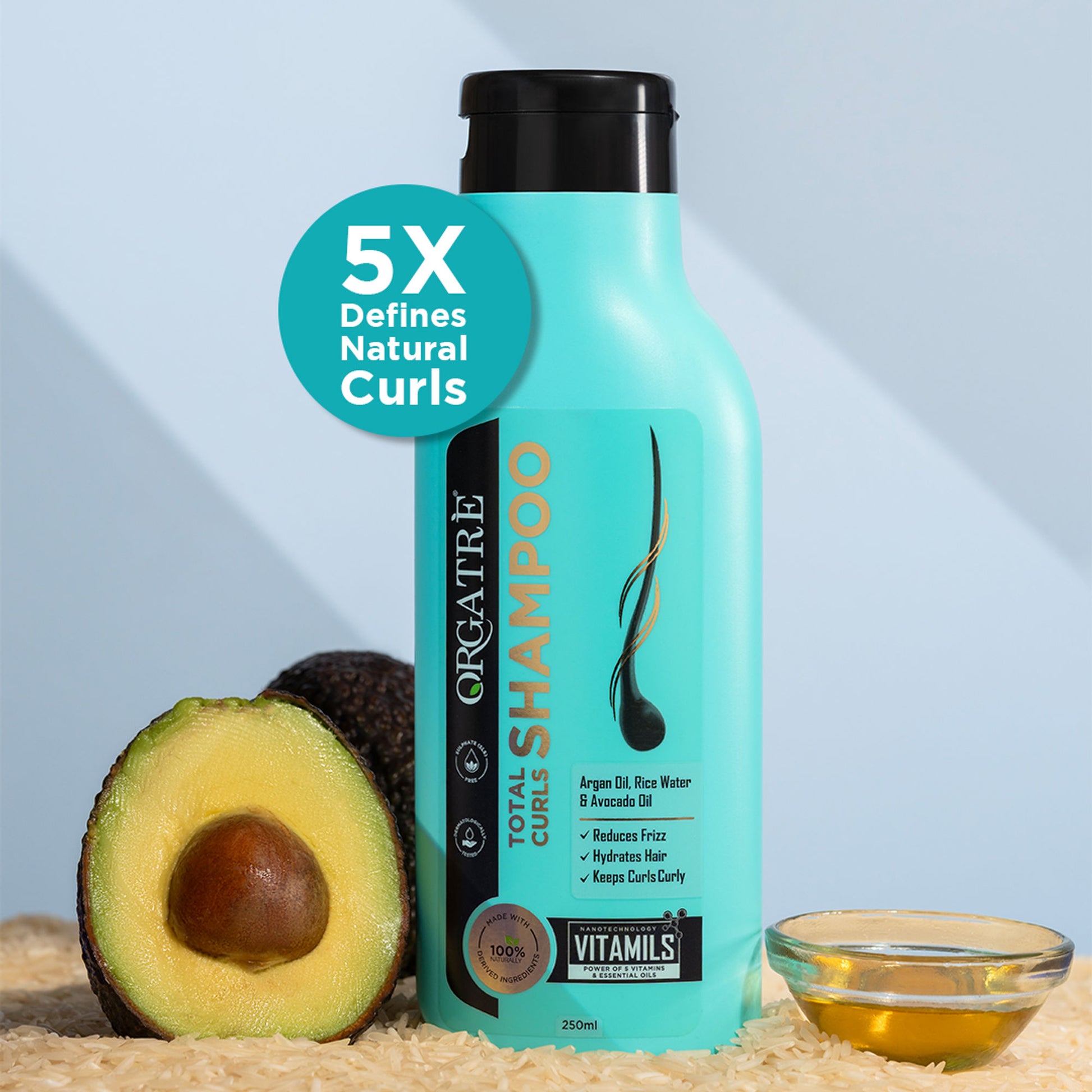Orgatre Total Curls Shampoo For Wavy & Curly Hair With Rice Water & Argan Oil, Paraben Sulphate Free