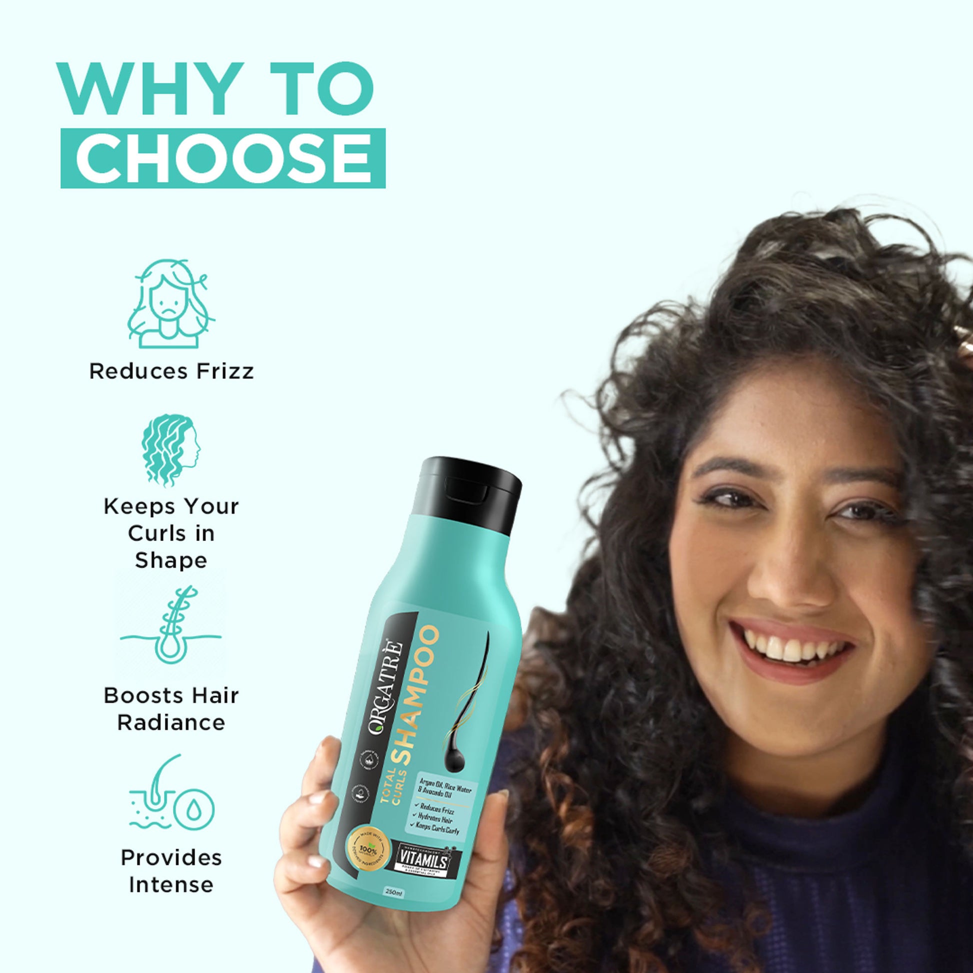 Orgatre Total Curls Shampoo For Wavy & Curly Hair With Rice Water & Argan Oil, Paraben Sulphate Free