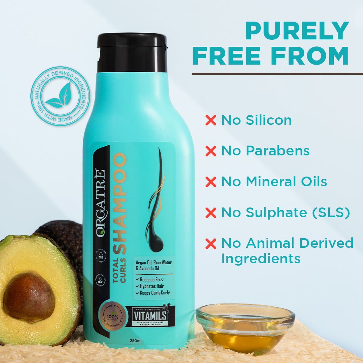 Orgatre Total Curls Shampoo For Wavy & Curly Hair With Rice Water & Argan Oil, Paraben Sulphate Free