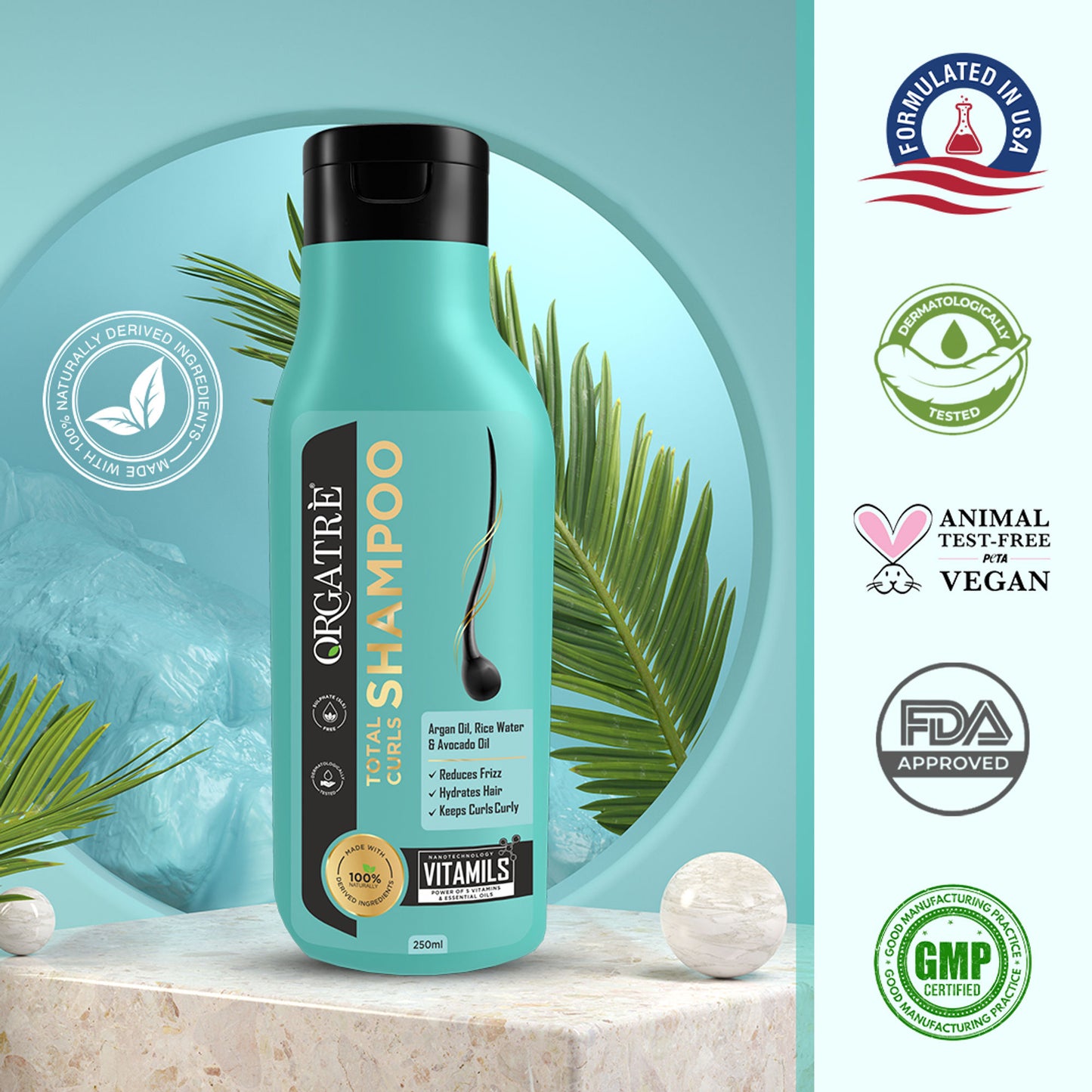 Orgatre Total Curls Shampoo For Wavy & Curly Hair With Rice Water & Argan Oil, Paraben Sulphate Free