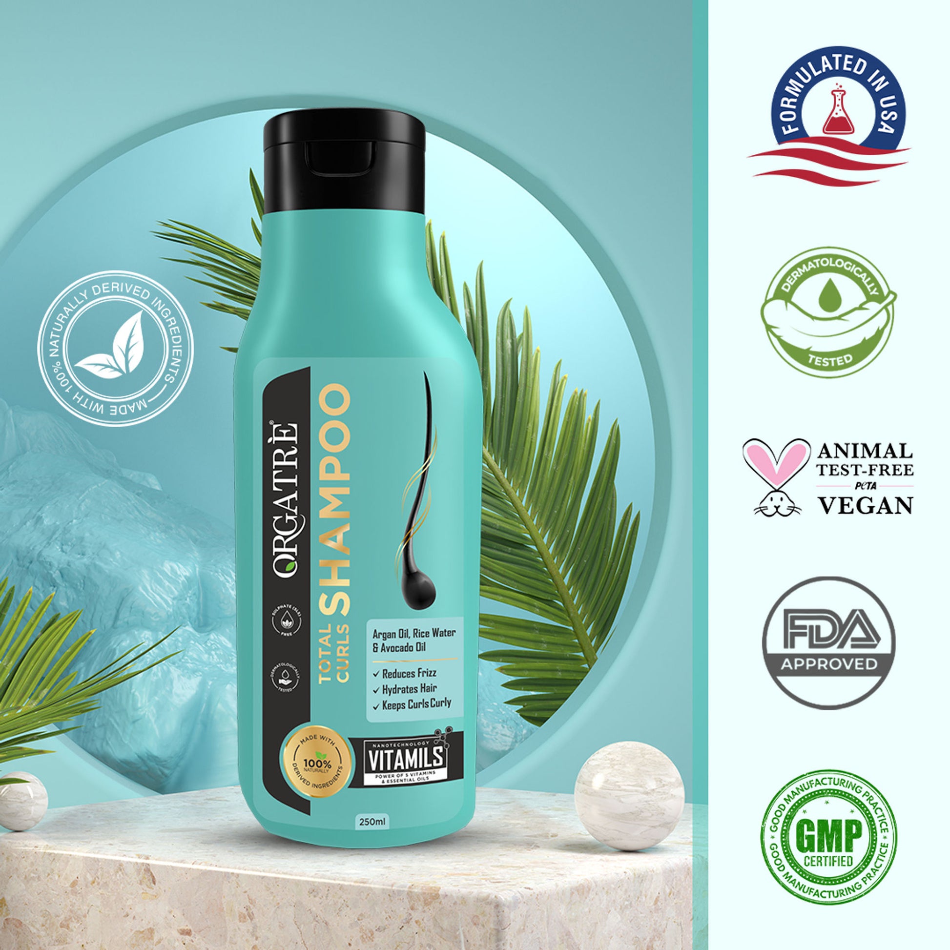 Orgatre Total Curls Shampoo For Wavy & Curly Hair With Rice Water & Argan Oil, Paraben Sulphate Free