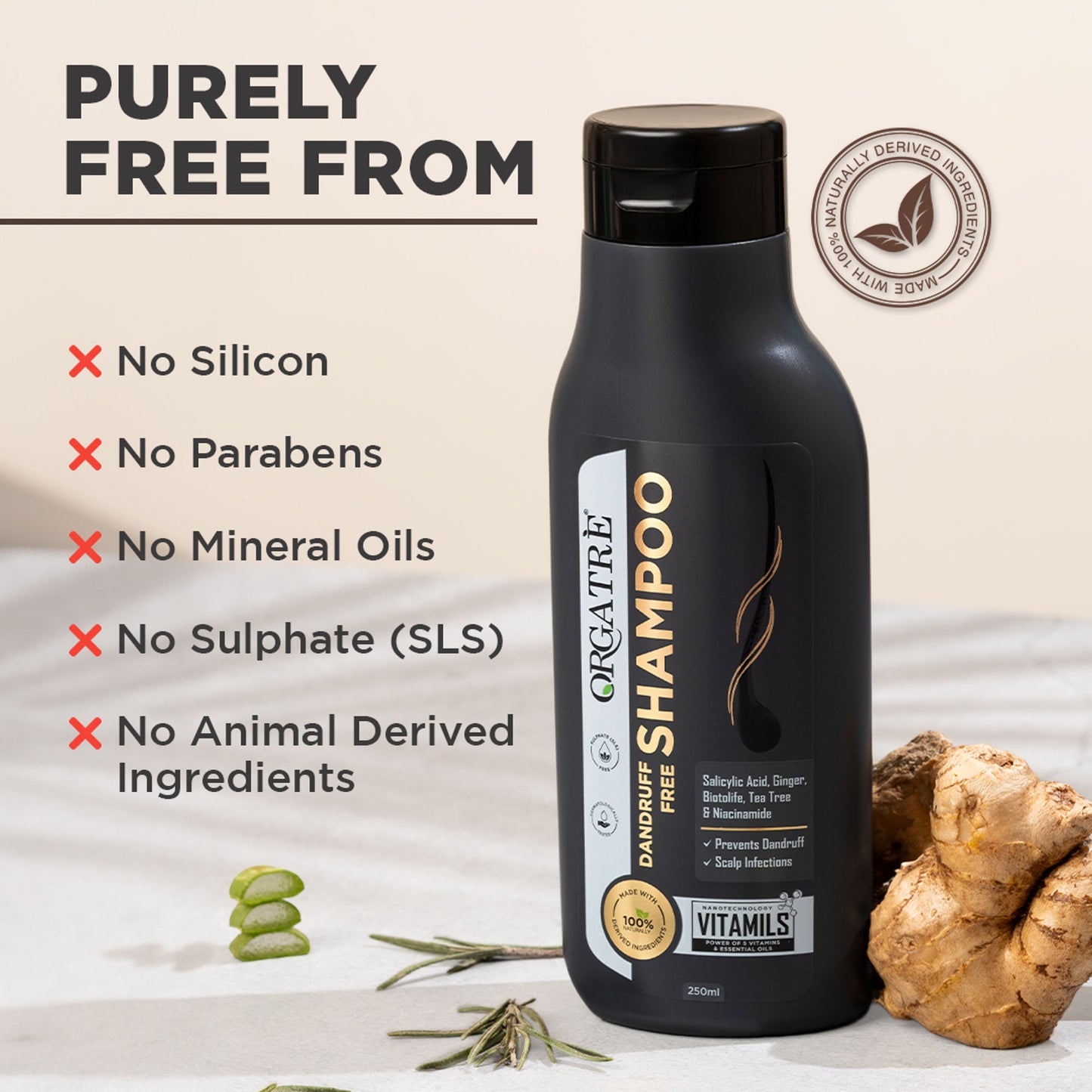 Orgatre Dandruff Free Shampoo With Tea Tree, Ginger, Rosemary Oil, Paraben & Sulphate Free