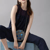 Indyancart IE Women Navy Blue Printed Thread Work Pure Cotton Kurti with Trousers