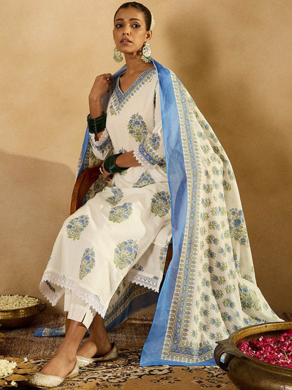 Indyancart IE Floral Printed Regular Sequinned Pure Cotton Kurta with Trousers & Dupatta