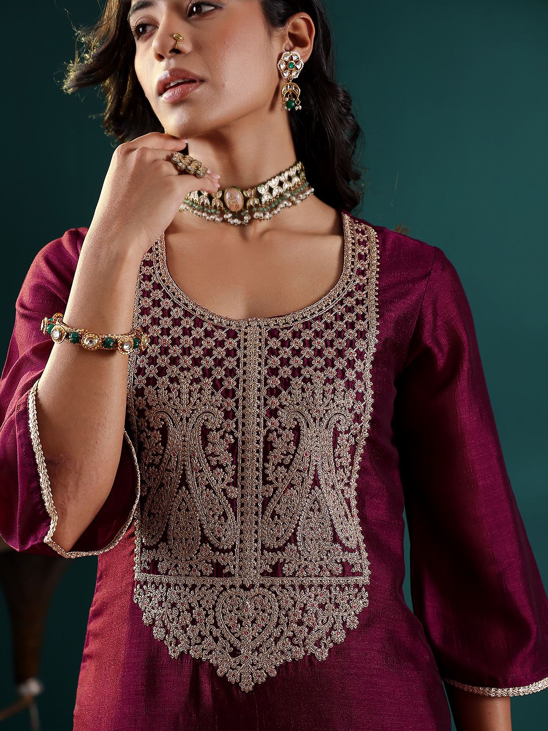 Indyancart VA Women Ethnic Motifs Embroidered Regular Kurta with Palazzos & With Dupatta