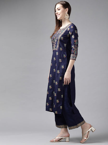 Dhiyona IE Women Navy Blue Ethnic Motifs Printed Kurta with Palazzos & With Dupatta