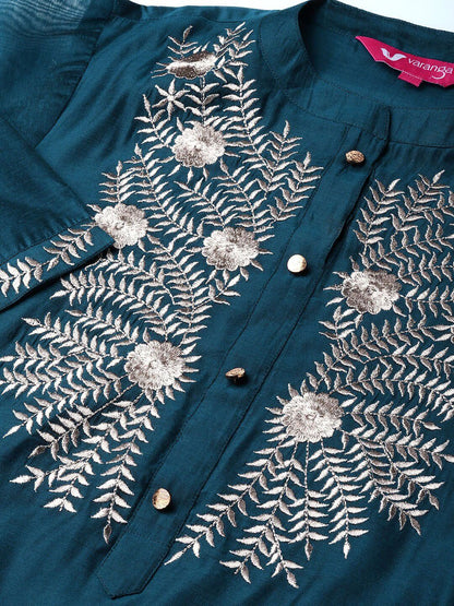 Indyancart VA Women's Navy Blue Floral Embroidered Regular Kurta with Trousers