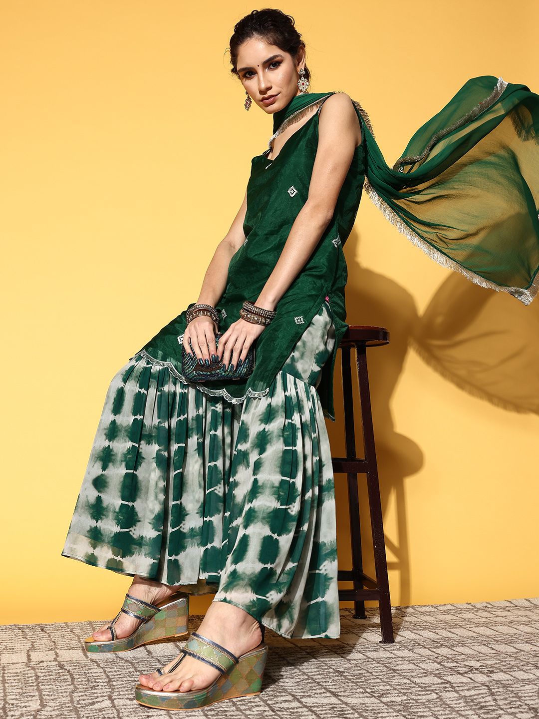 Indyancart VA Women Green Embroidered Sequinned Kurta with Sharara & Dupatta
