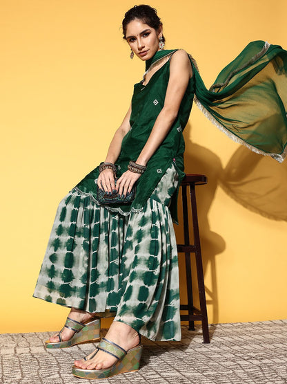 Indyancart VA Women Green Embroidered Sequinned Kurta with Sharara & Dupatta