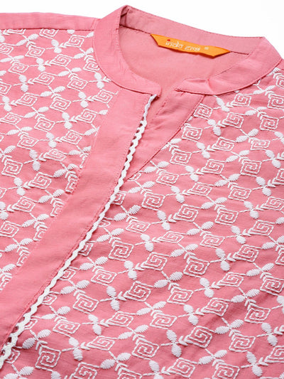 Indyancart IE Women Pink & White Ethnic Motifs Embroidered Kurta with Palazzos
