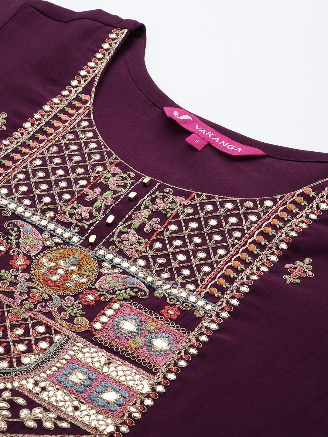 Indyancart VA Women's Aubergine & Gold Ethnic Embroidered Straight Kurta with Trousers Dupatta