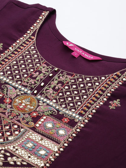 Indyancart VA Women's Aubergine & Gold Ethnic Embroidered Straight Kurta with Trousers Dupatta